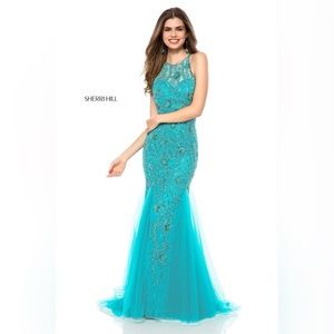 Sherri Hill Style #51939 Jade Beaded Mermaid Gown Size 14